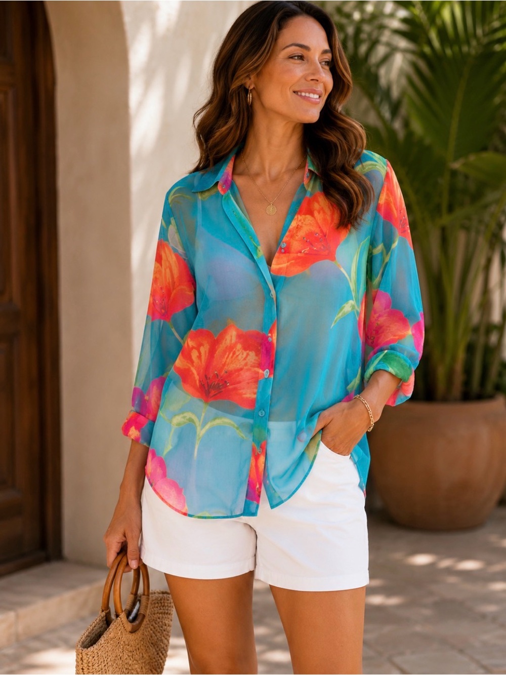 Liz Claiborne Turquoise Floral Button-Down Shirt with Orange & Pink Blooms